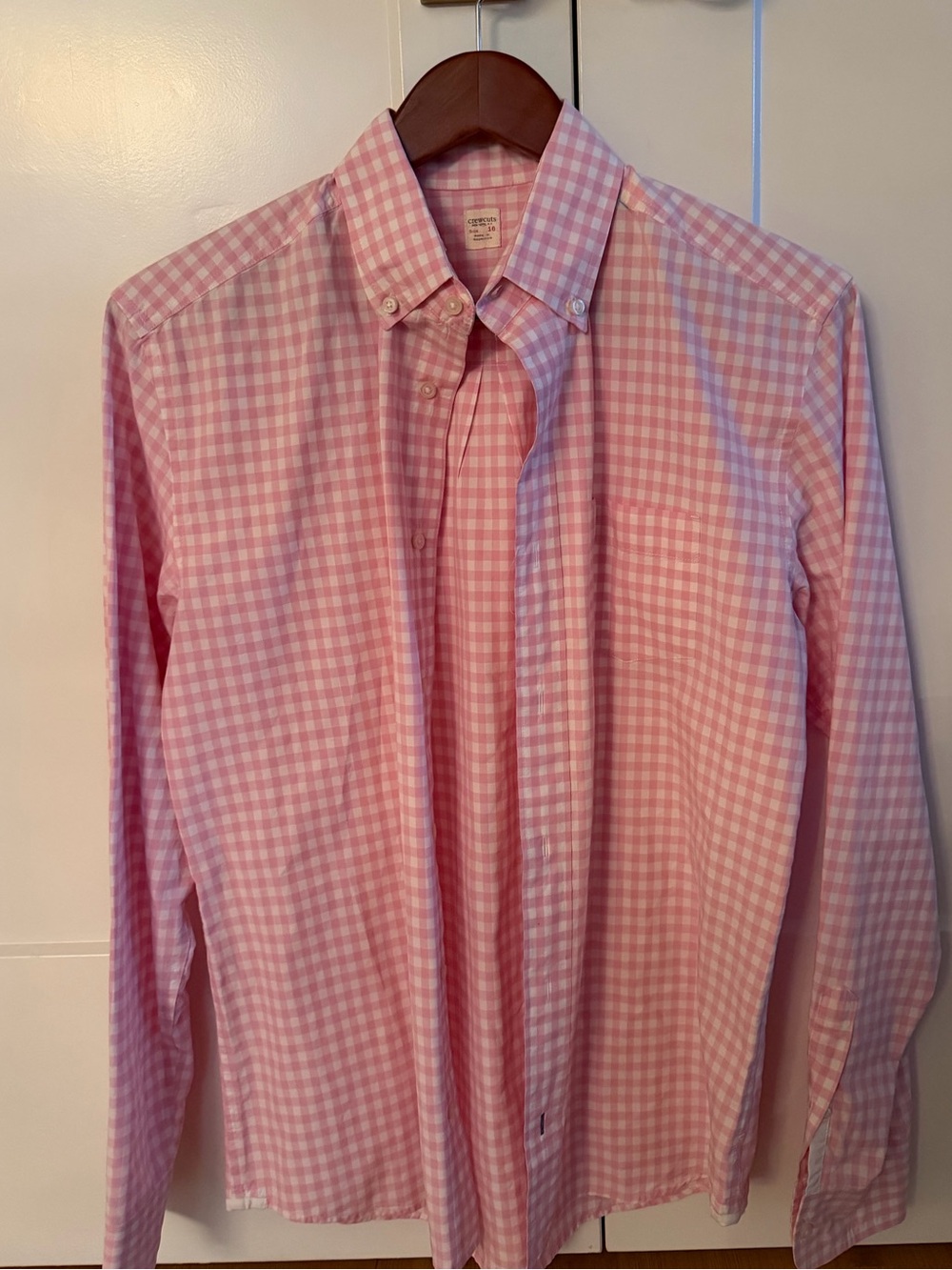 Crewcuts J.Crew Boys Pink Gingham Button Down Shirt Long Sleeve Sz 16 / Women XS
